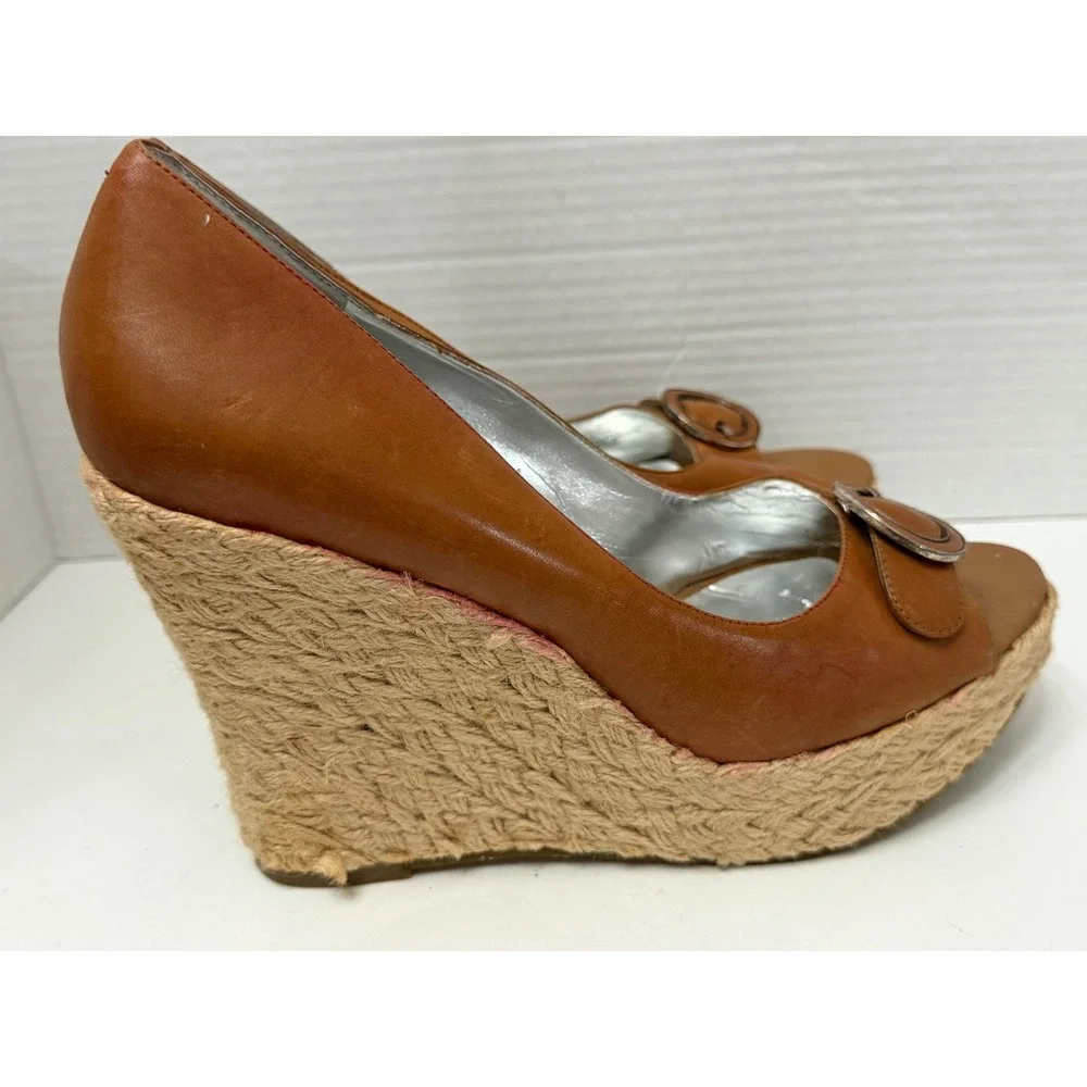 Jessica Simpson Goldie Tan Leather Espadrille Wedge Sandals Peep Toe Buckle 9.5B